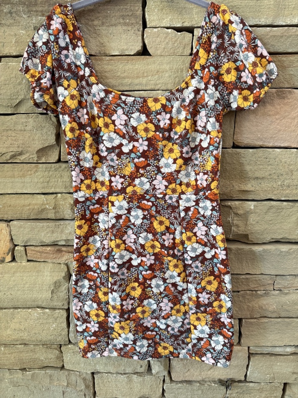 Altar’d State Scoop Neck Mini Dress in Brown, Yellow & White, Back Zip